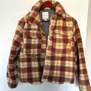 RARE Avec Les Filles Cropped Plaid Sherpa Jacket Pink Brown Cream Size L